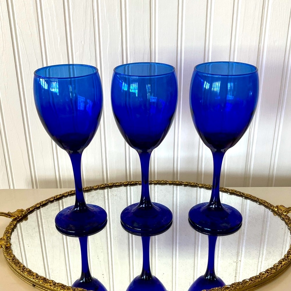 Cobalt Blue Wine/Water Glasses With Long Blue Stems, 6 Ounces, Set of 3